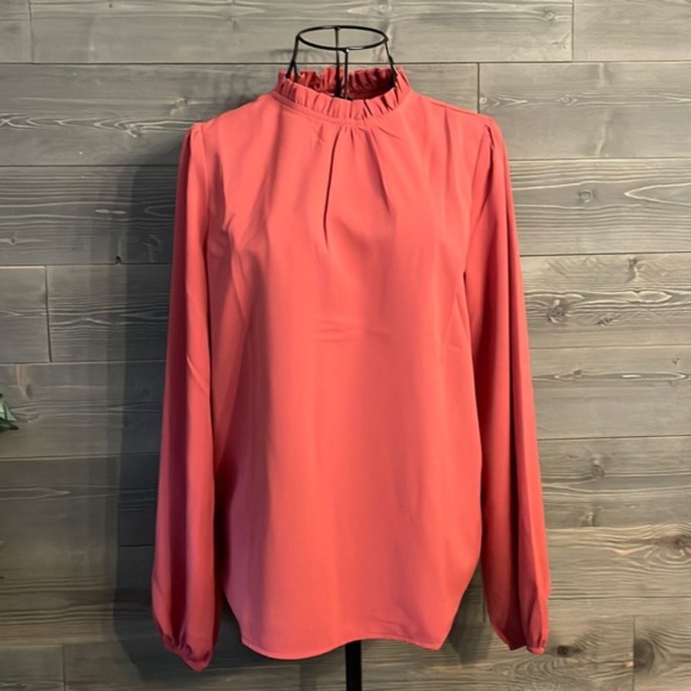 vintage like dark peach, ruffled neck, long sleeve blouse